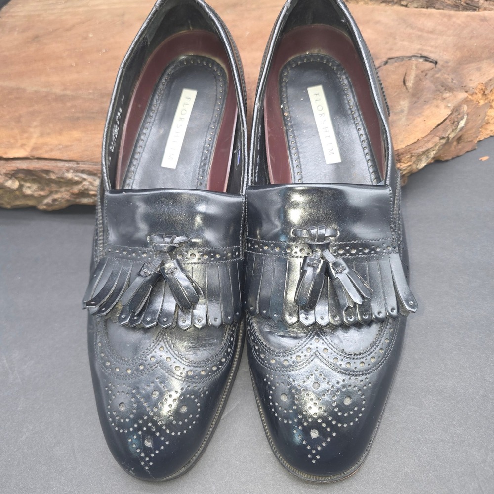 Classic Florsheim Tassel Kiltie Loafers Mens 11.5 D Black Wingtip Brogue Shoes